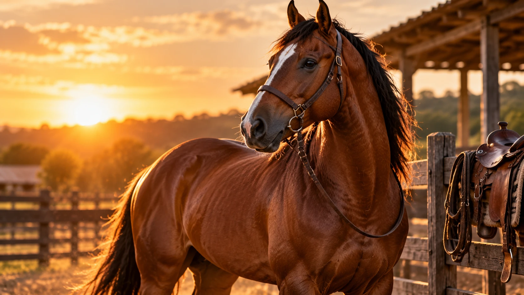 Cavalo alazão de cabresto ao pôr do sol, perto da cerca de madeira